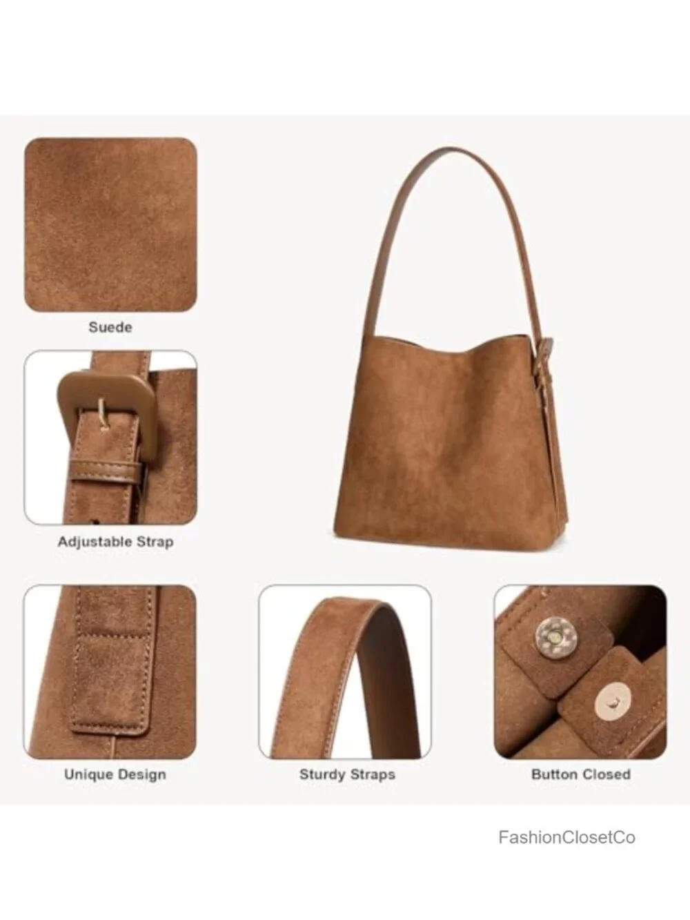 Faux suede bucket bag with adjustable strap, detachable zip pouch, snap closure